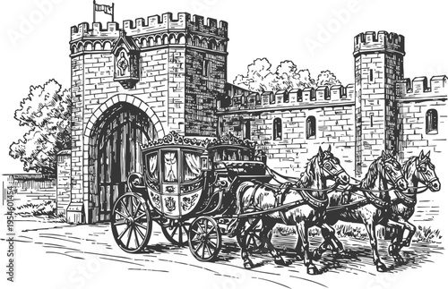 Historic horse drawn carriage passing medieval stone castle gate tower entrance scene
