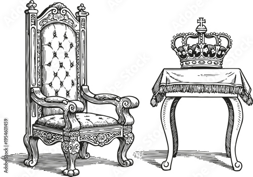 Ornate royal throne chair and crown on decorative table, vintage detailed line art illustration