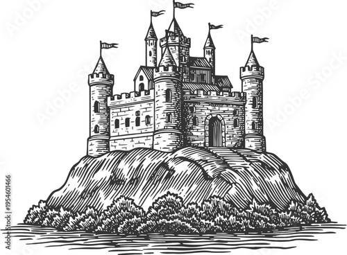 Medieval castle on rocky hill with flags, stone towers and fortified walls, historic fortress sketch