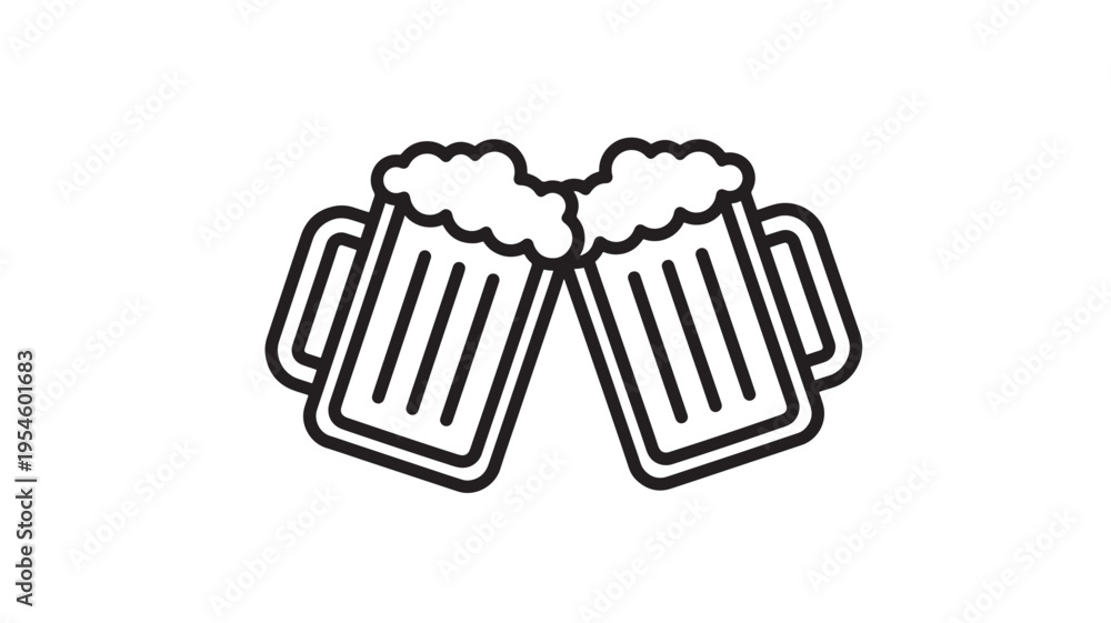 Fototapeta premium Beer mugs toasting with foamy heads, simple line art icon for celebration and drinks featuring cheers, foam, frothy with drink and beverage elements