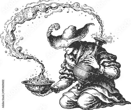 Alchemist in vintage cloak holding smoking bowl, mystical magic potion and ancient sorcery concept
