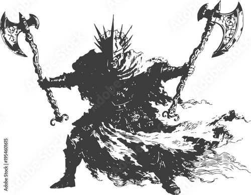 Dark warrior silhouette with crown wielding two battle axes in dynamic attack pose