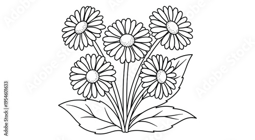 Black and white flower coloring page for kids with daisy bouquet and leaves
