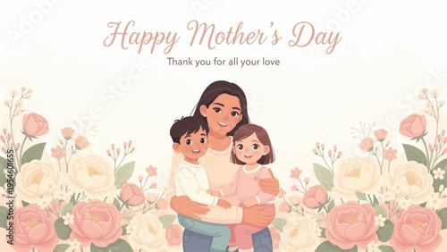 Mother's Day greeting card with family and flowers vector