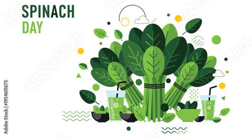 National spinach day banner with fresh green leaf bunches and healthy juice
