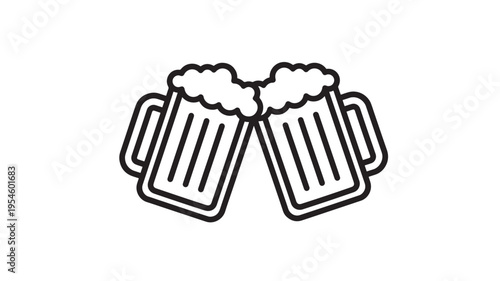Beer mugs toasting with foamy heads, simple line art icon for celebration and drinks featuring cheers, foam, frothy with drink and beverage elements