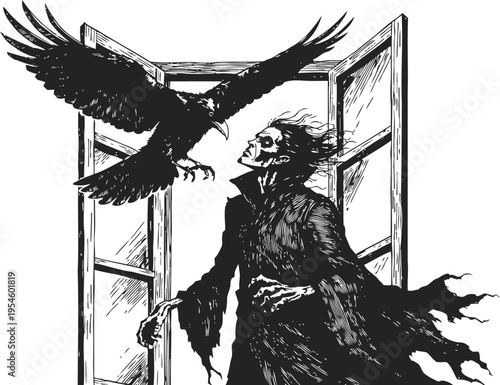 Gothic vampire releasing a large raven from an open window, dark horror fantasy art