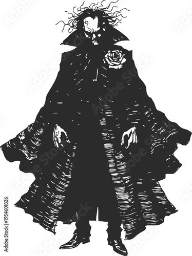 Dark gothic vampire with flowing cape and wild hair, mysterious night figure in eerie silhouette