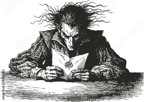 man reading intense letter with wild hair and vintage clothing, monochrome ink drawing