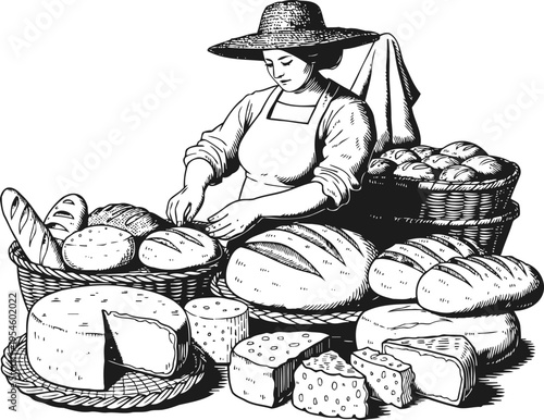 Woman in apron and hat preparing and slicing bread surrounded by various bread loaves and cheese wedges