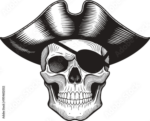 Pirate skull wearing a tricorne hat and eye patch classic pirate symbol, vintage black and white illustration