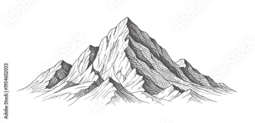 Black and white of a rugged mountain range peak rock stone