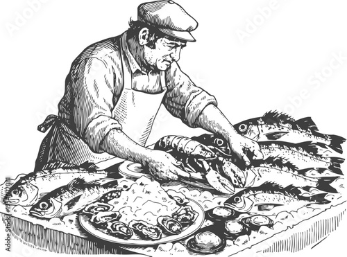 Fisherman preparing fresh fish on table with seafood platter and ice for sale or cooking