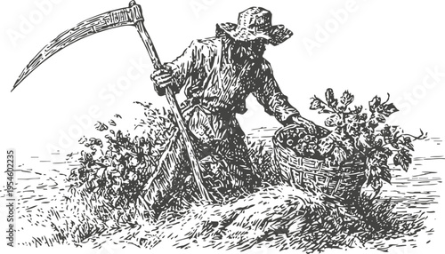 Vintage farmer harvesting potatoes with basket and scythe black and white illustration