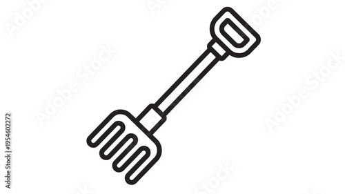 Rake tool icon with a simple outline and clear delineation of its handle and tines, perfect for gardening or landscape design.