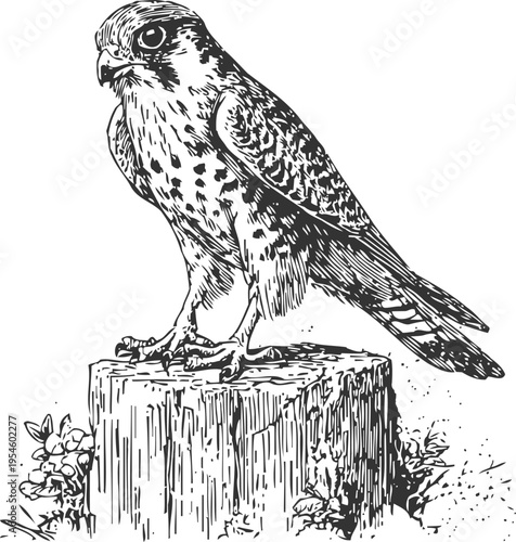 Detailed hand drawn falcon perched on a tree stump surrounded by foliage, wildlife illustration
