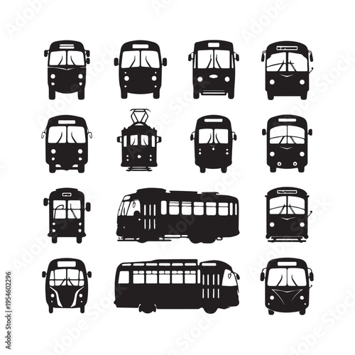 Modern transportation icons set featuring buses trams helicopters airplane bicycle silhouettes vector.