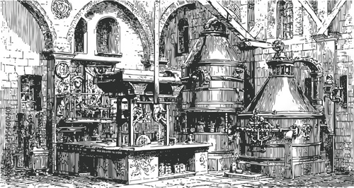 antique distillery equipment inside industrial building with large copper stills and complex piping system