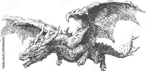 Vintage detailed illustration of a fierce dragon with wings spread and sharp claws