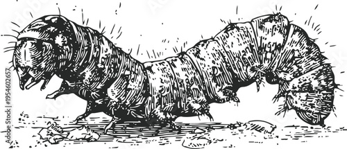Detailed vintage illustration of a caterpillar crawling on soil with fine ink lines and shading