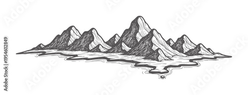 Stylized mountain range with flowing water and textured peaks mountains