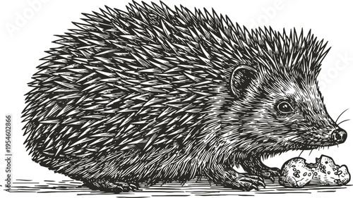 Detailed black and white illustration of a hedgehog eating with sharp spines and textured fur