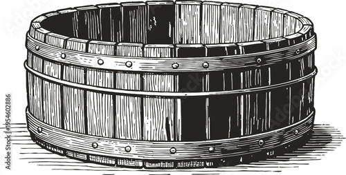 Vintage wooden tub illustration round rustic container with metal bands hand drawn old fashioned barrel vessel