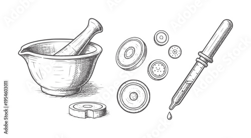 Vintage mortar pestle dropper and circular pipette liquid