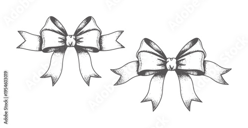 Two hand drawn grey bows with textured shading white ribbon gift decoration