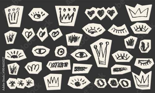 Hand-drawn heart with crown and arrow in chalk sketch style. Rough brush strokes and grunge texture create authentic doodle elements for creative designs. Childish girly style. Pencil drawings