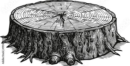 Detailed black and white hand drawn tree stump with visible wood grain, knots, and bark texture