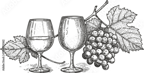 Vintage illustration of two wine glasses with grape cluster and vine leaves