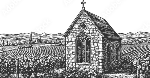 Stone chapel with stained glass window in vineyard landscape detailed engraving illustration