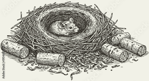 Mouse resting in a detailed nest made of twigs with cork pieces scattered around