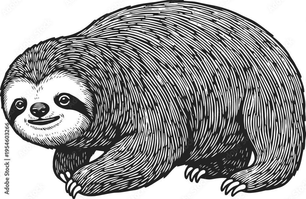 Fototapeta premium Smiling sloth illustration hand drawn black and white cute animal with detailed fur texture and calm expression
