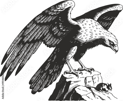Eagle landing on rock with mouse nearby detailed vintage wildlife illustration of bird of prey hunting