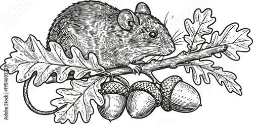 Mouse perched on oak branch with acorns hand drawn detailed wildlife illustration