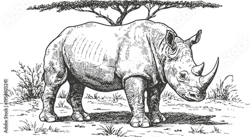 Detailed black and white illustration of a rhinoceros standing in savannah landscape under tree silhouette