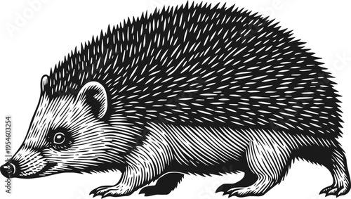Detailed black and white illustration of a hedgehog with textured spines and fine line work