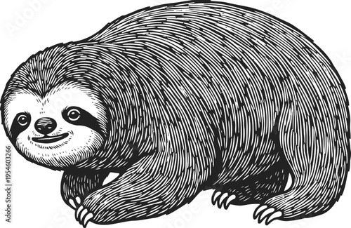 Smiling sloth illustration hand drawn black and white cute animal with detailed fur texture and calm expression