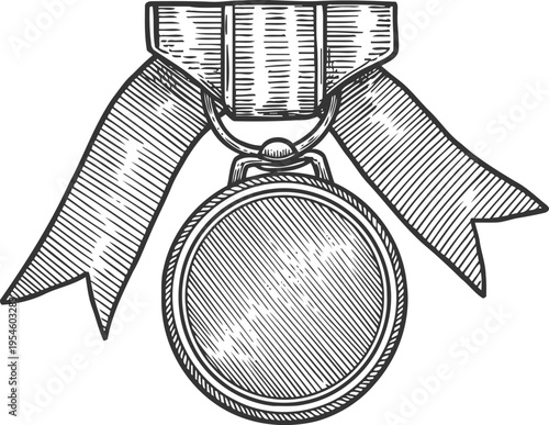 Vintage engraved medal with wide ribbon bow, detailed sketch of award or honor accessory
