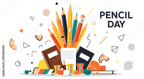 Pencil day celebration banner with colorful stationery supplies and notebooks