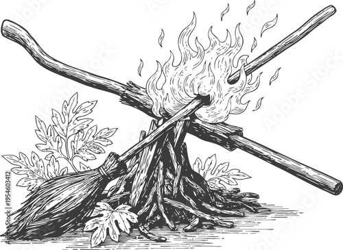 Campfire with roasting sticks and broomstick, outdoor fire illustration in vintage engraving