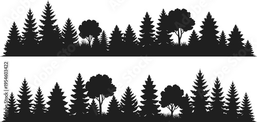 Black forest tree silhouette set with pine spruce and deciduous trees, detailed woodland landscape vector illustration isolated on light background