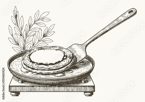 Vintage illustration of pancakes cooking in a frying pan with spatula and herbs