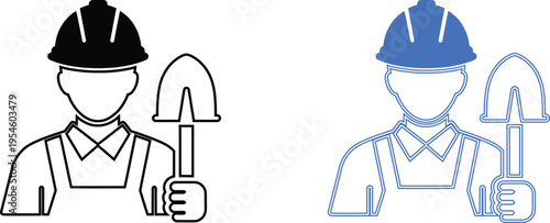 Two construction workers with shovels in different colors