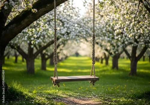 Spring Garden Swing: Empty wooden board hanging from ropes on apple tree branch, blooming orchard background, sunlight on green grass, rural peaceful landscape, childhood nostalgia and leisure concept