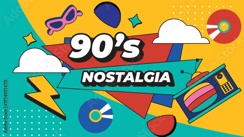 90s retro music background with cassette tape, colorful Memphis shapes and playful design for poster, banner, invitation and creative layout use