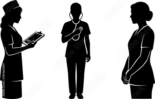 Healthcare Professional Nurse Team Silhouette Icon Set with Different Poses for Medical Care Vector