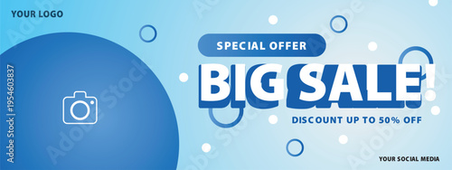 Blue big sale banner with modern geometric layout and abstract shapes, stylish design for ecommerce promotion and social media advertising